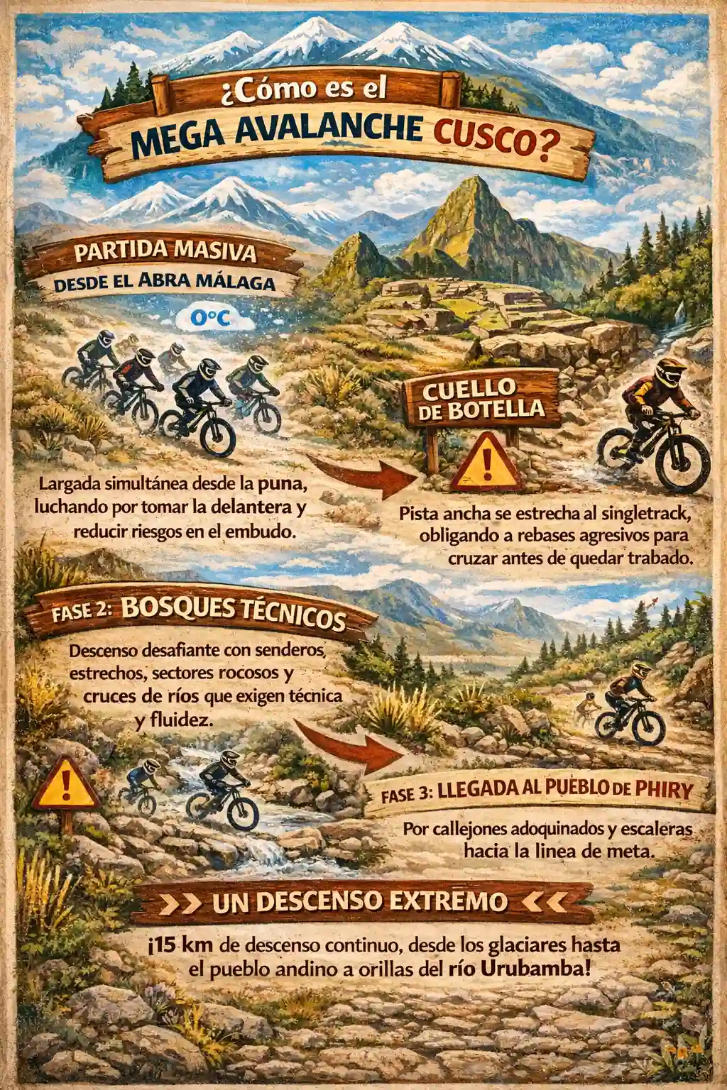 Infografía del Mega Avalanche Cusco: descenso largo desde Abra Málaga hacia comunidades del Valle Sagrado, cerca del río Urubamba.