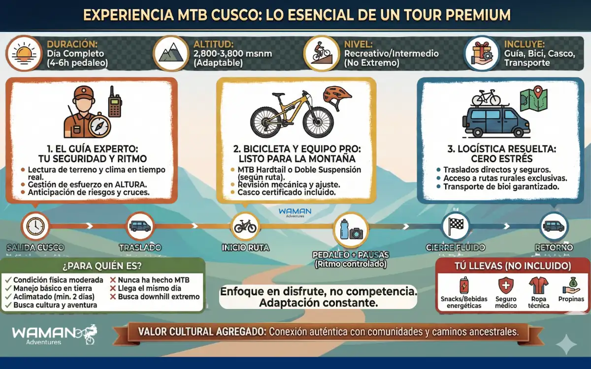 Infografía sobre esenciales de un tour MTB en Cusco Perú mostrando guía, bicicleta de montaña, equipo de protección y transporte de apoyo para rutas andinas