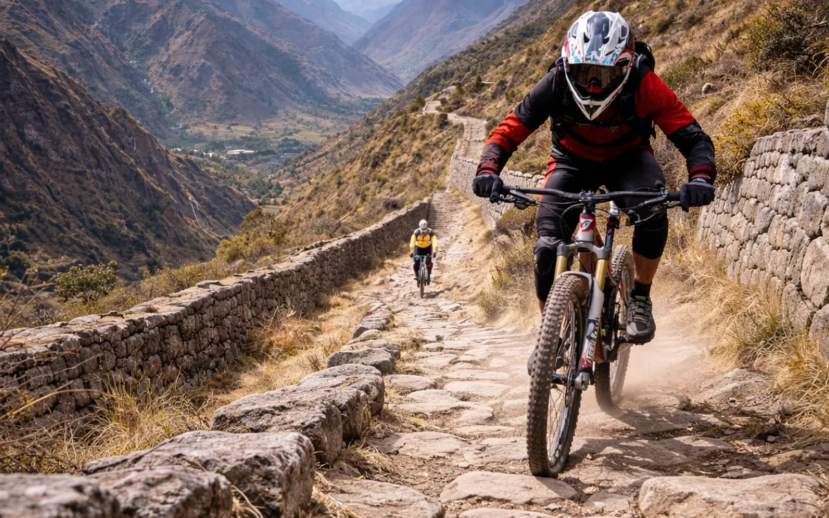 El sendero, flanqueado por muros de piedra, revela la estructura histórica del Qhapaq Ñan adaptada a una experiencia de MTB moderna.