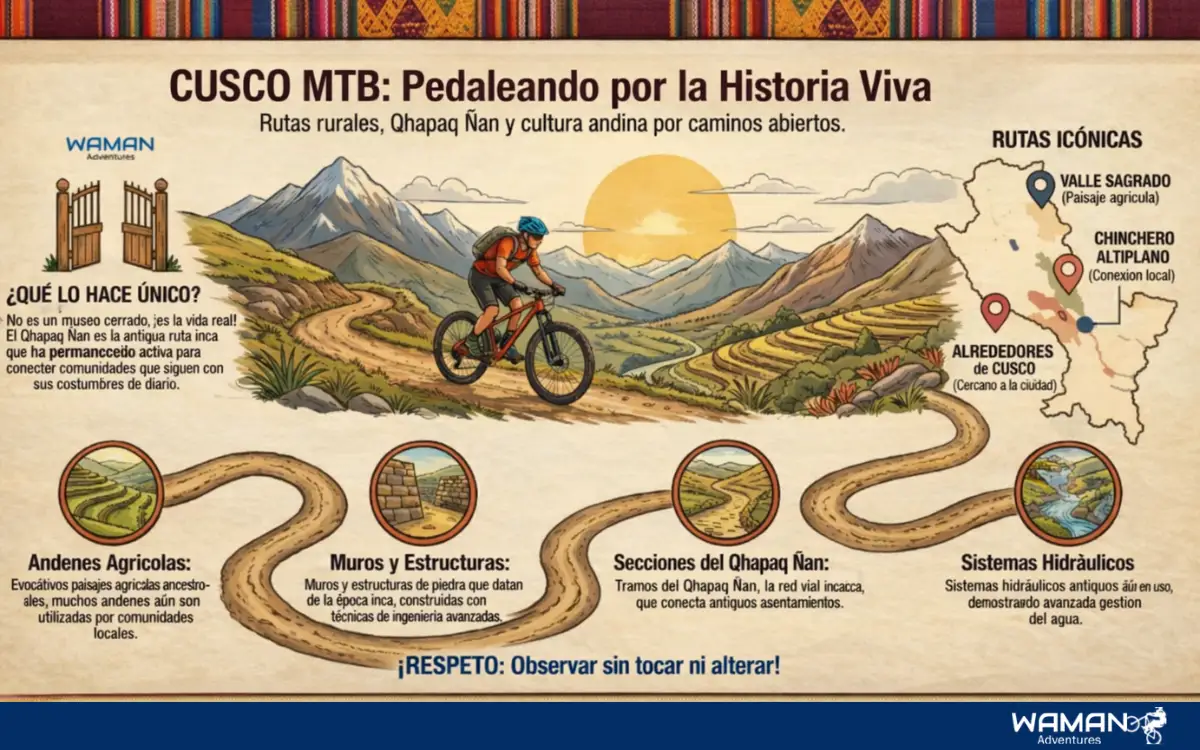 Infografía sobre restos históricos para MTB en Cusco mostrando rutas de piedra incas, andenes y tramos del Qhapaq Ñan integrados a senderos modernos.