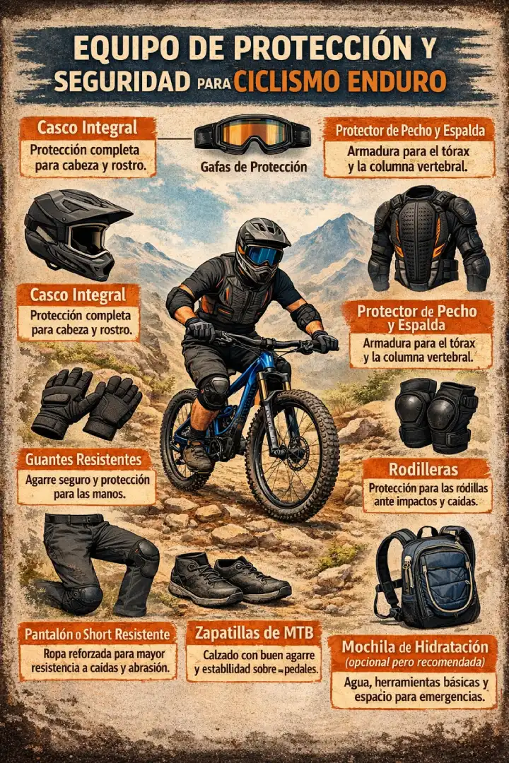 Conjunto completo de equipo de protección para ciclismo Enduro/Montaña, incluyendo casco integral, protectores, rodilleras y calzado especializado.
