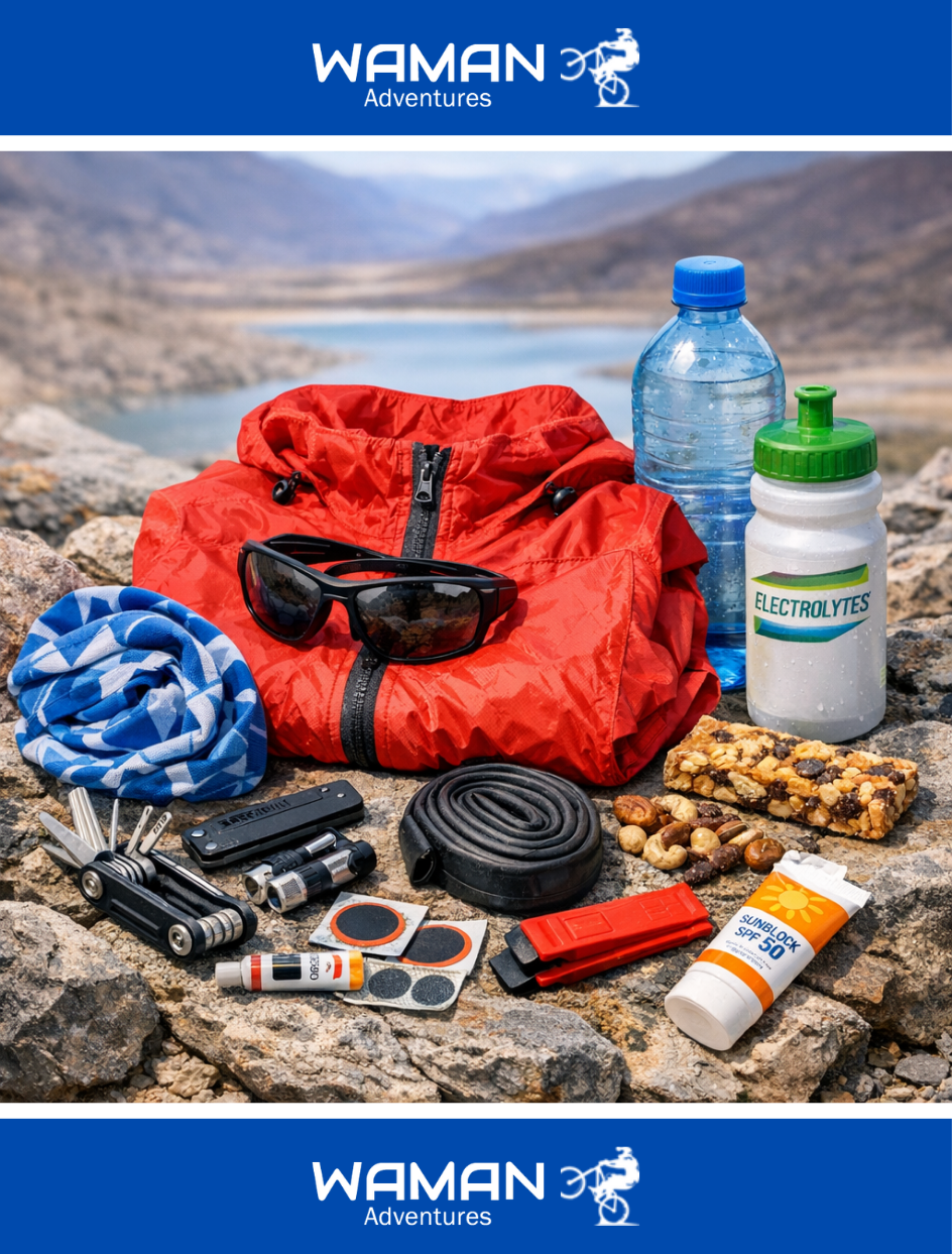 A gear flat lay on rocks featuring a red jacket, tools, hydration, snacks, and sunscreen against a lake backdrop, showcasing the Essentials for the route.