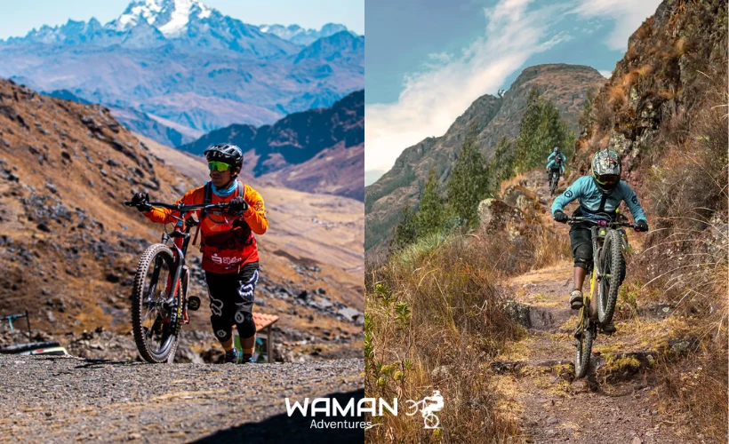 A split MTB view comparing the arid uphill climb towards snow-capped peaks against the technical downhill ride through rocky green trails on the Lares vs Lamay route