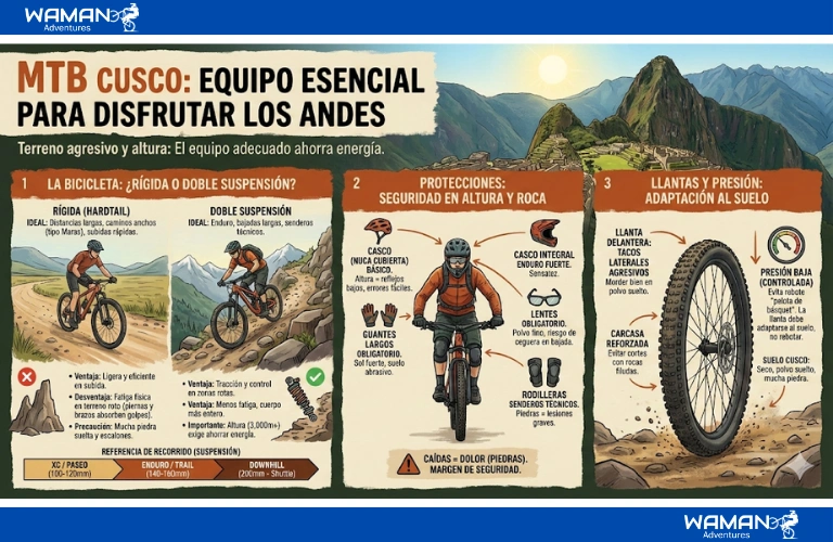 Una infografía técnica ilustrada que detalla el equipo esencial para el ciclismo de montaña en Cusco, dividida en tres secciones: elección de bicicleta, protecciones de seguridad y especificaciones de llantas, con Machu Picchu de fondo.