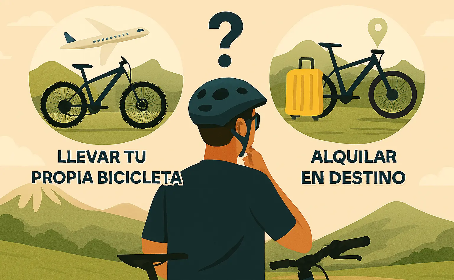 Infografía comparativa de un ciclista decidiendo entre llevar su propia bicicleta en avión o alquilar en destino, con íconos de bicicleta, avión, maleta y ubicación. Rentar o Traer tu propia bicicleta al Cusco