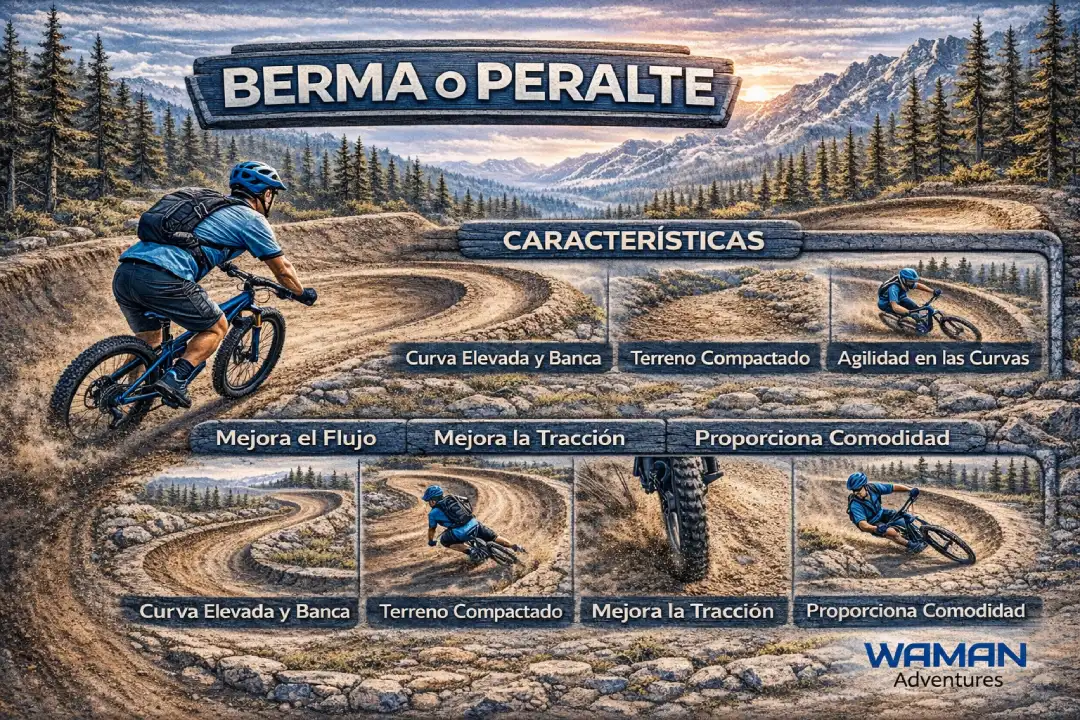 Infografía en español titulada “Berma o Peralte” que explica características de la berma en MTB, con ilustraciones de riders y puntos como curva elevada, terreno compactado, tracción, flujo y comodidad, con logo de Waman Adventures. términos de Ciclismo de Montaña