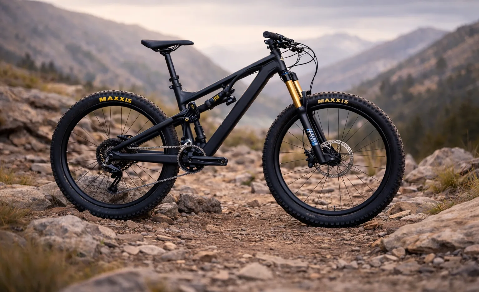 Black full-suspension mountain bike standing on a rocky trail with a blurred mountain background.