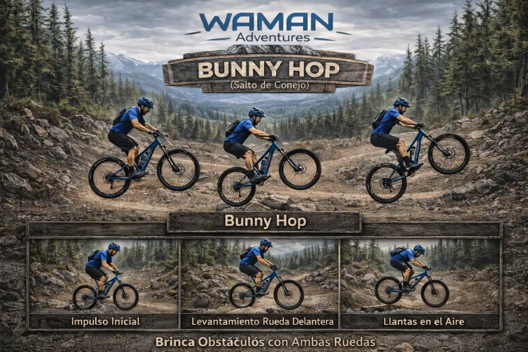 Infografía en español titulada “Bunny Hop (Salto de Conejo)” que muestra el paso a paso para saltar obstáculos en MTB: impulso inicial, levantamiento de la rueda delantera y ambas ruedas en el aire, con logo de Waman Adventures.