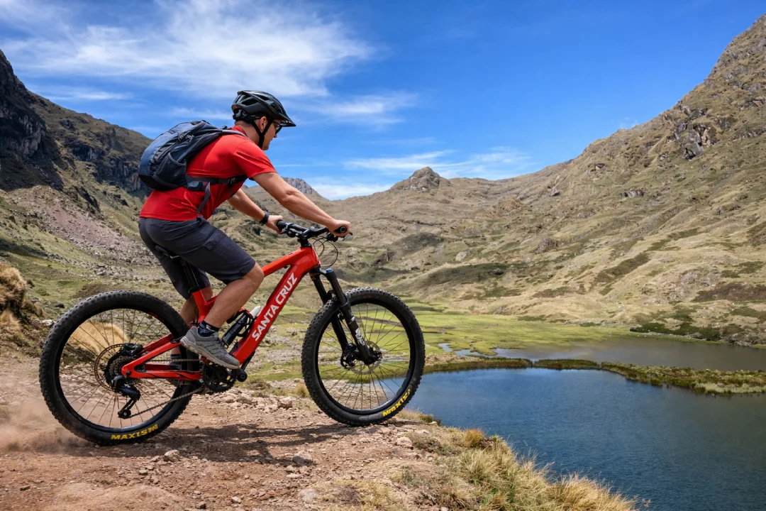 Ciclista en e-bike recorriendo un sendero de montaña junto a la laguna Kinsacocha en Cusco, con montañas altoandinas y cielo azul al fondo.