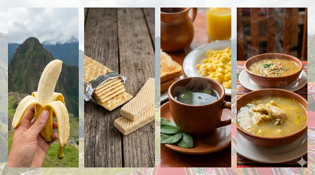 Collage con ejemplos de alimentos locales y energéticos clave para la nutrición para MTB en Cusco