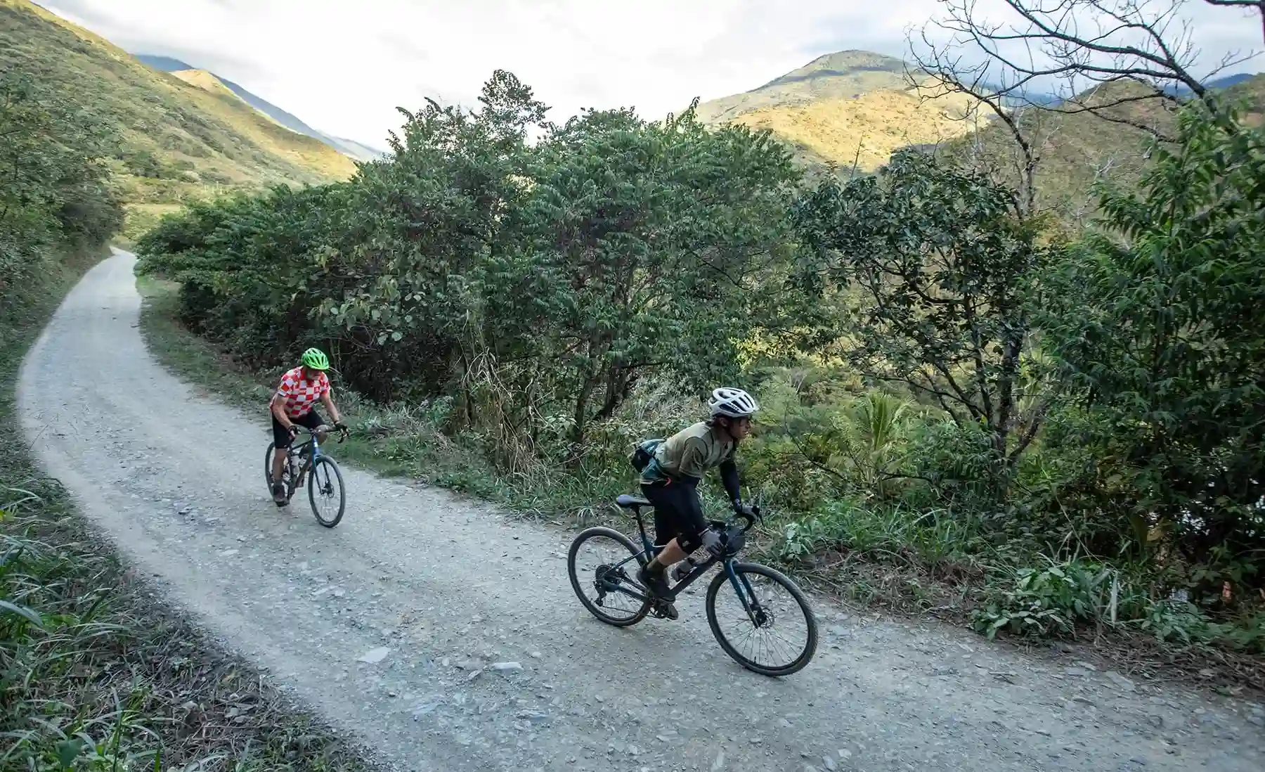 Competitors traverse gravel paths surrounded by dense vegetation as they descend into milder climate zones