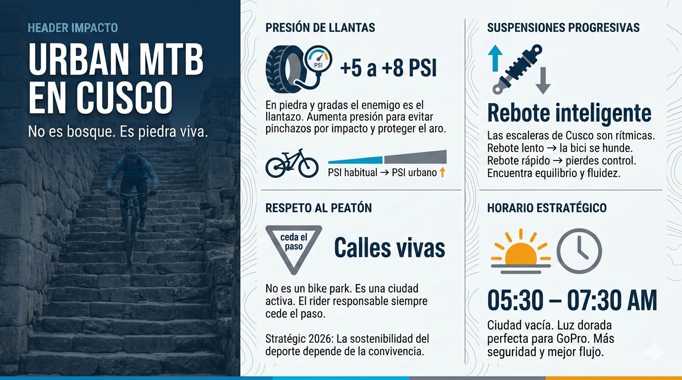 Infografía en español “Urban MTB en Cusco” con consejos sobre presión de llantas (+5 a +8 PSI), rebote inteligente en suspensiones, respeto al peatón y horario ideal (05:30–07:30 AM), con un rider bajando gradas de piedra.