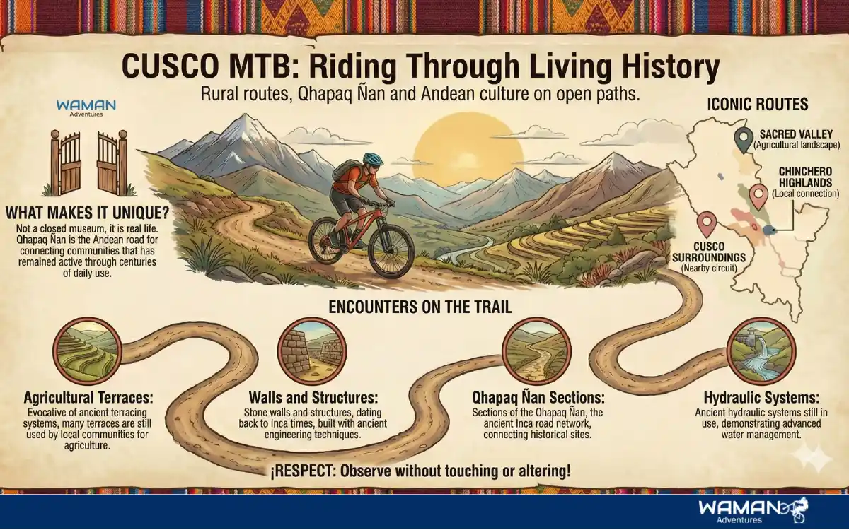 Infographic about Cusco MTB historical remains showing Inca stone routes, terraces, and Qhapaq Ñan sections integrated into modern mountain biking trails.