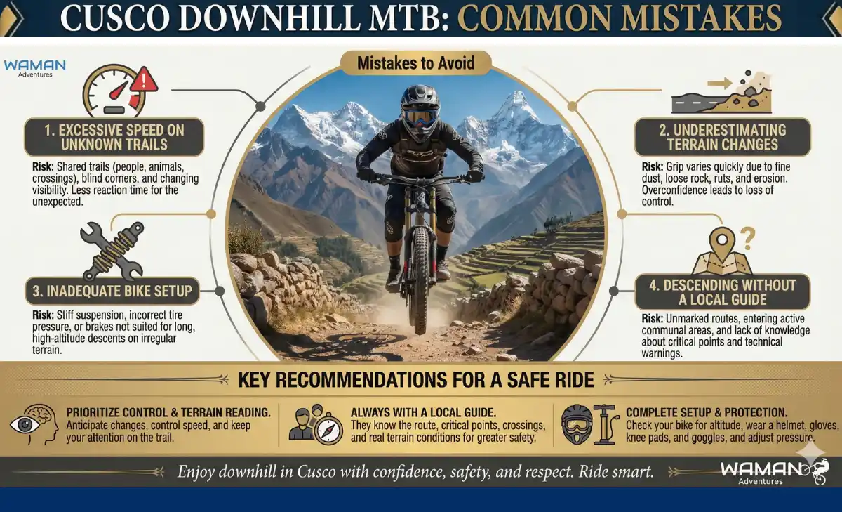 Infographic Cusco Downhill MTB Common Mistakes, highlighting braking control, body position, cornering technique, line choice, and trail safety tips.
