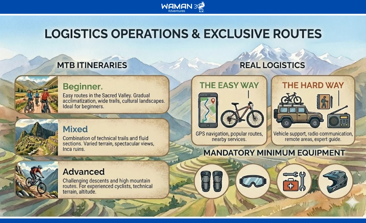 Detailed infographic about mountain biking in Cusco routes with information on logistics, itineraries, and mandatory equipment.