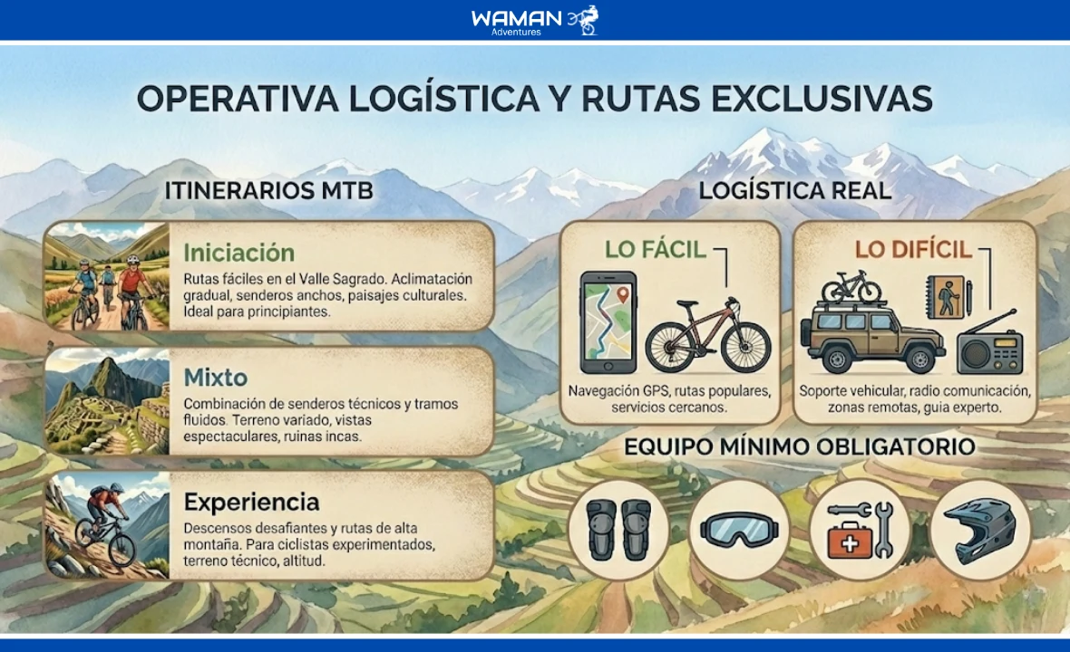 Infografía detallada sobre rutas de mountain biking en cusco con información de logística, itinerarios y equipo obligatorio.