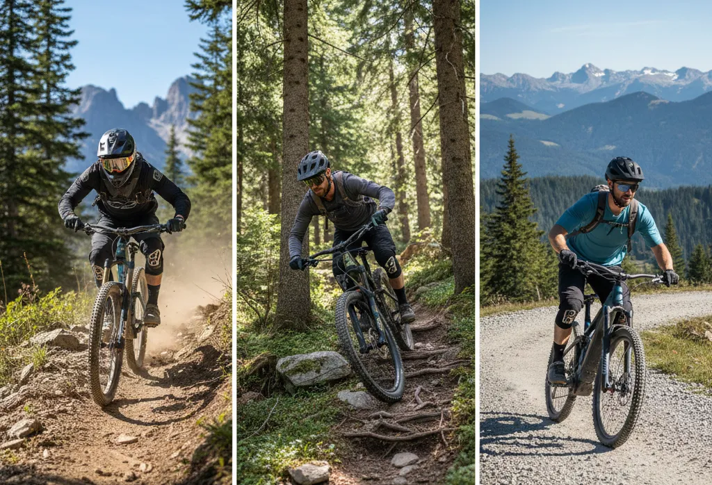 Tríptico comparativo de tres modalidades de ciclismo de montaña: izquierda - ciclista en downhill con bicicleta de descenso en sendero empinado con polvo y montañas rocosas al fondo; centro - ciclista enduro en terreno técnico de bosque con rocas y troncos; derecha - ciclista en e-bike eléctrica en camino de grava amplio con vista panorámica a montañas nevadas y bosques de coníferas. Downhill vs Enduro vs E-Bike
