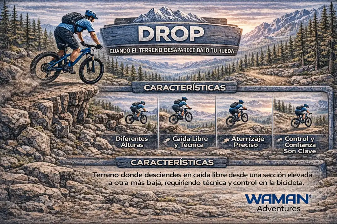 Infografía en español titulada “Drop” que explica un drop en MTB cuando el terreno desaparece bajo la rueda, con diferentes alturas, técnica de caída, aterrizaje preciso y la importancia del control y la confianza, con logo de Waman Adventures.