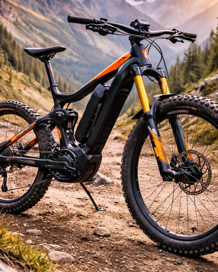 Enduro style electric mountain bike ready for technical descents, featuring long través suspension and a powerful mid drive motor.