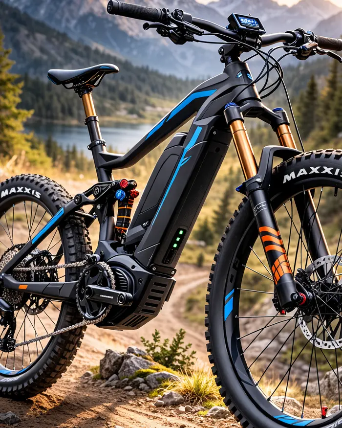 Full suspension electric mountain bike on a rocky trail, ready for enduro riding with a mid drive motor and aggressive tires.