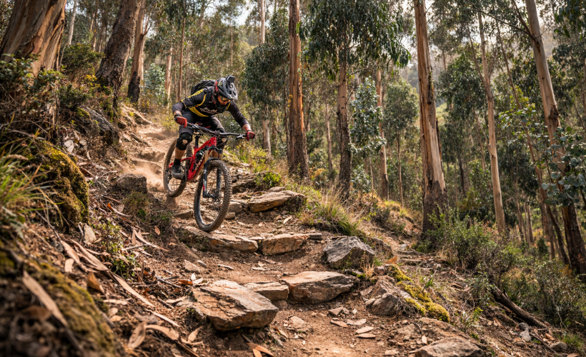 Fully equipped mountain biker descending on a red bike down a steep, rocky dirt trail through a eucalyptus forest while mountain biking in Cusco.