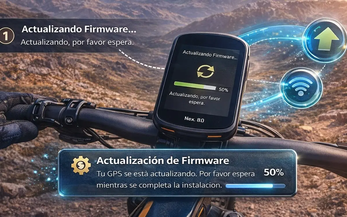 Pantalla de GPS con barra de progreso, destacando que actualizar el firmware es el primer paso. Los Mejores GPS para Bicicleta MTB