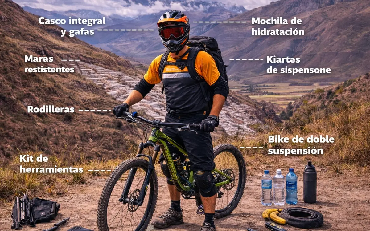 Lleva casco integral, gafas protectoras y mochila de hidratación, listo para una jornada exigente.