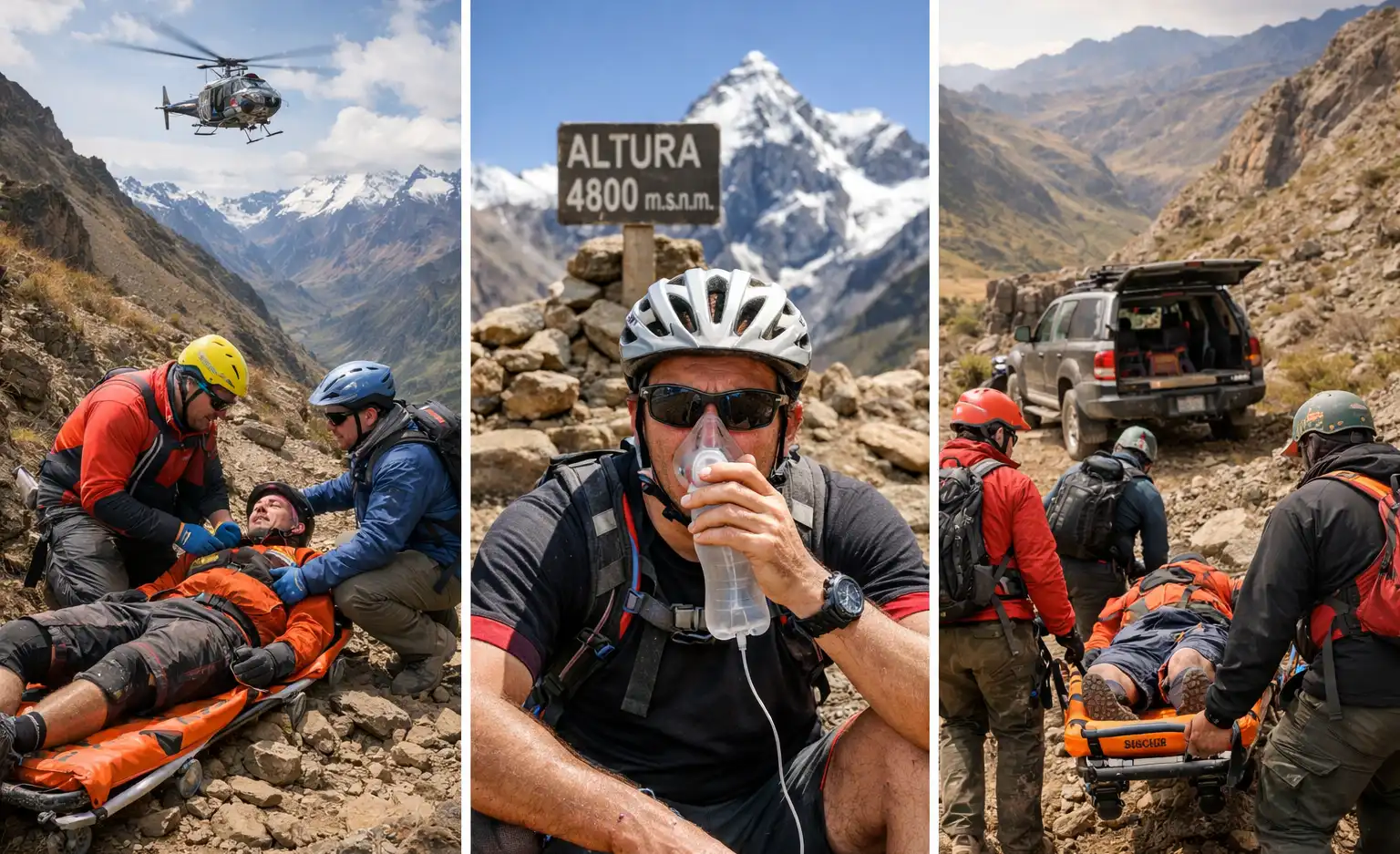 Secuencia de rescate y evacuación médica de ciclista de MTB en los Andes cerca de 4,800 msnm
