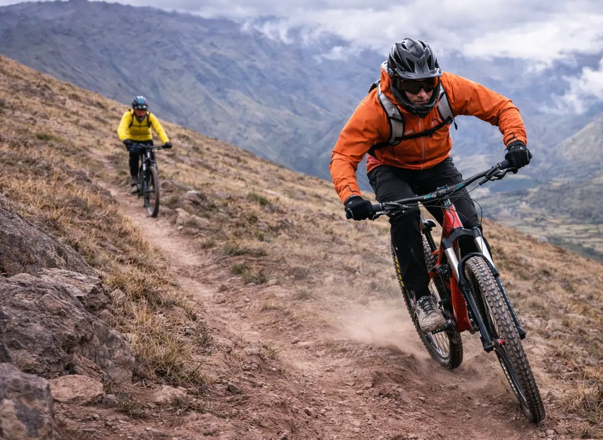 Mountain biker in orange jersey descending a dusty Andean trail in Cusco Peru, reading loose dirt and gravel before braking.