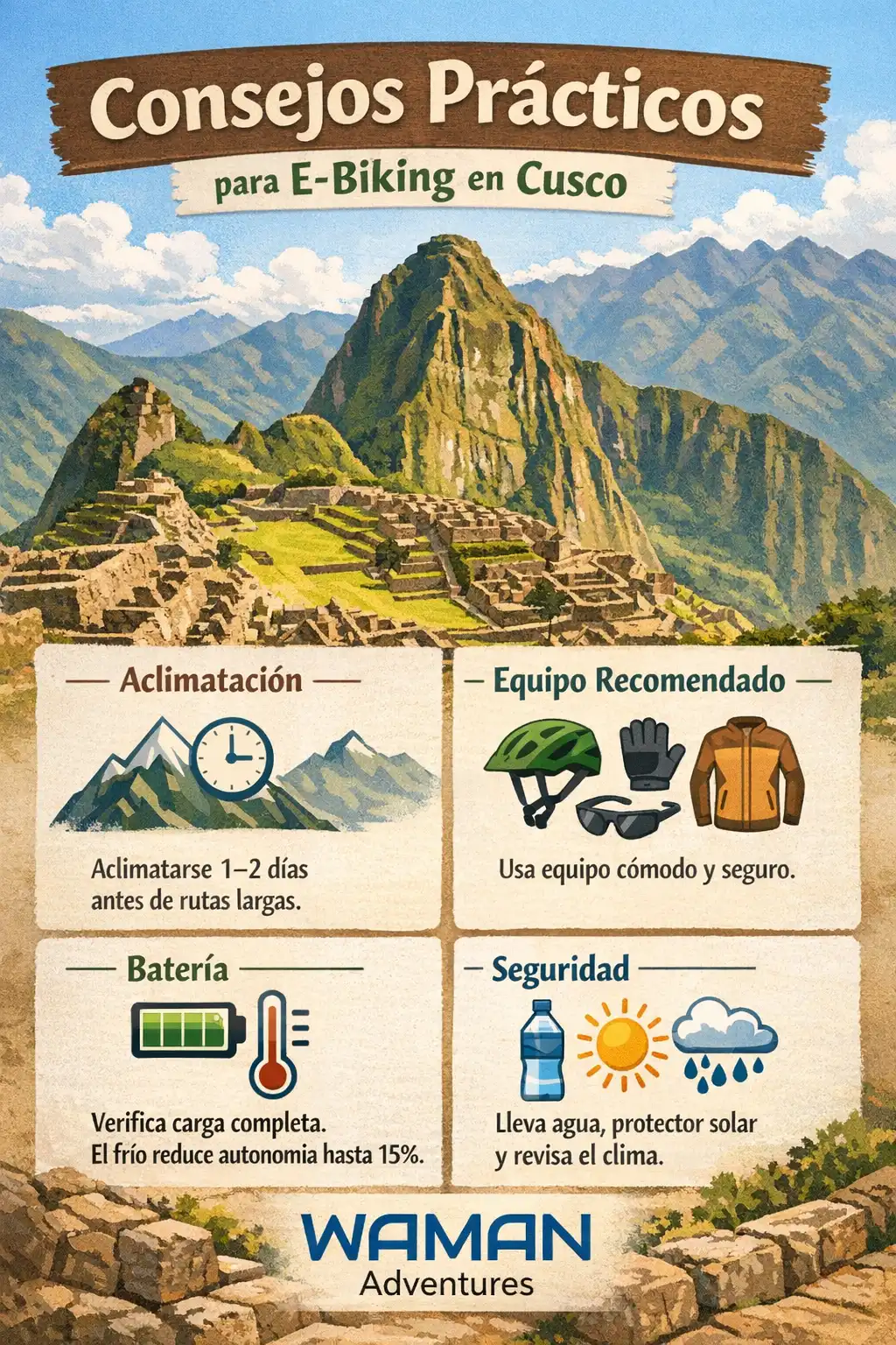 Infografía con consejos prácticos para hacer e-biking en Cusco: aclimatación, equipo recomendado, batería y seguridad, con ilustración de montañas estilo Machu Picchu y logo de Waman Adventures.