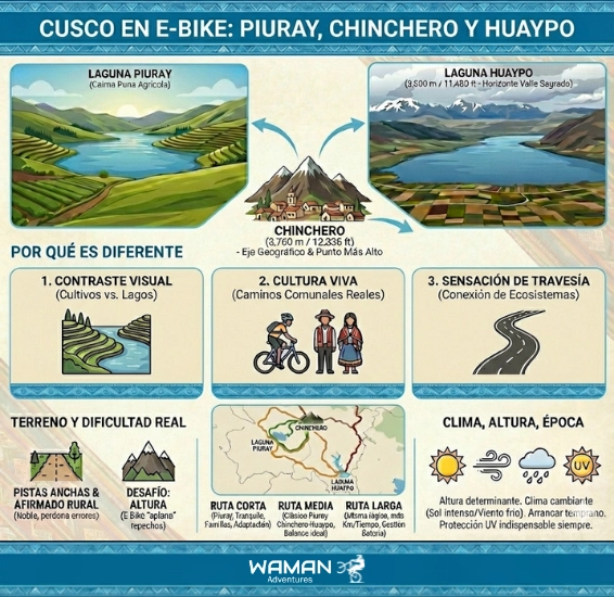 Infografía con mapas detallados, clima y perfiles de terreno de las lagunas Piuray, Chinchero y Huaypo, ilustrando la experiencia técnica y cultural de la ruta Cusco en E-Bike