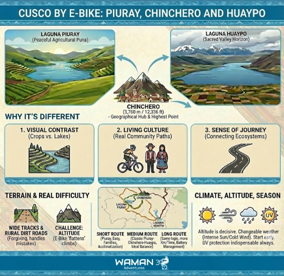 Infographic featuring detailed maps, climate, and terrain profiles of Piuray, Chinchero & Huaypo, illustrating the technical and cultural experience of the E-bike in Cusco route.
