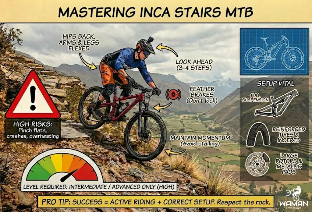 Infographic showing a descending mountain biker, detailing ideal posture, techniques, and bike setup to safely master Inca stairs MTB.
