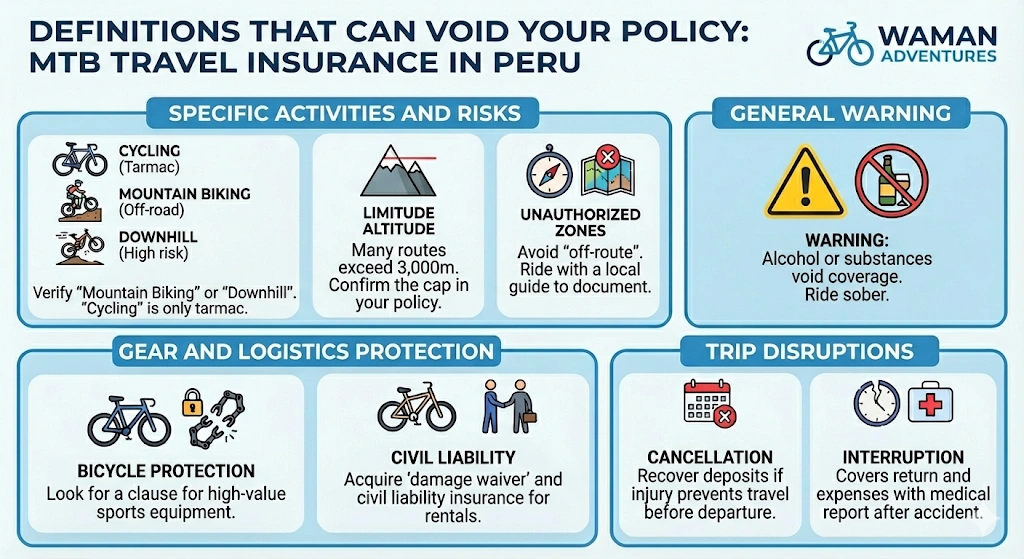 Critical distinctions between recreational cycling and Downhill, altitude caps in the Andes, and how alcohol or going off-route can immediately void your coverage