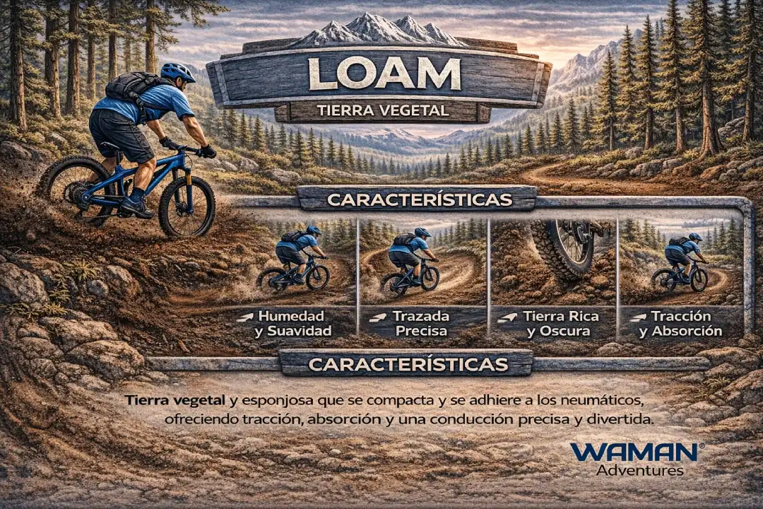 Infografía en español titulada “Grip / Agarre o tracción” que explica el agarre de los neumáticos en superficies irregulares, la adherencia al terreno y el control en curvas y descensos, con logo de Waman Adventures.