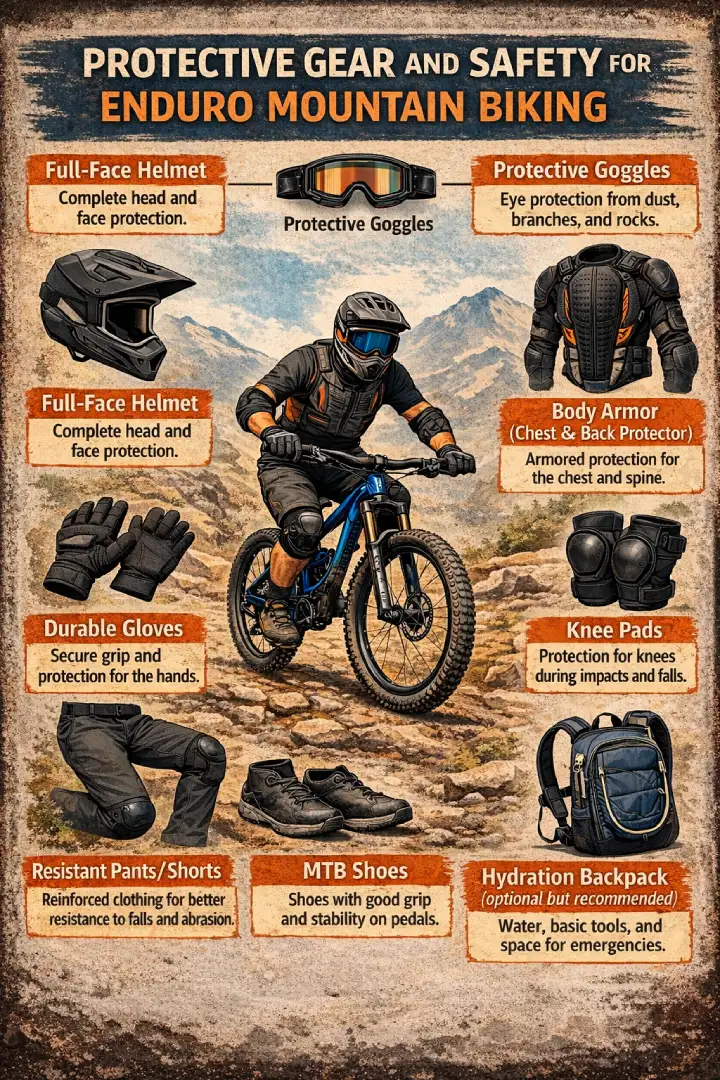 Full set of Enduro/Mountain bike protective gear, including full-face helmet, chest and knee pads, and specialized footwear.