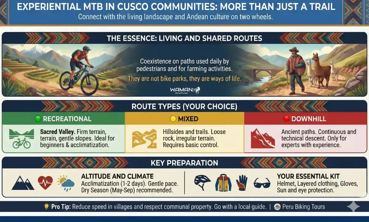 Infographic about experiential MTB in Cusco local communitieshowing what the ride is like, terrain and etiquette, and how to plan a responsible bike tour.
