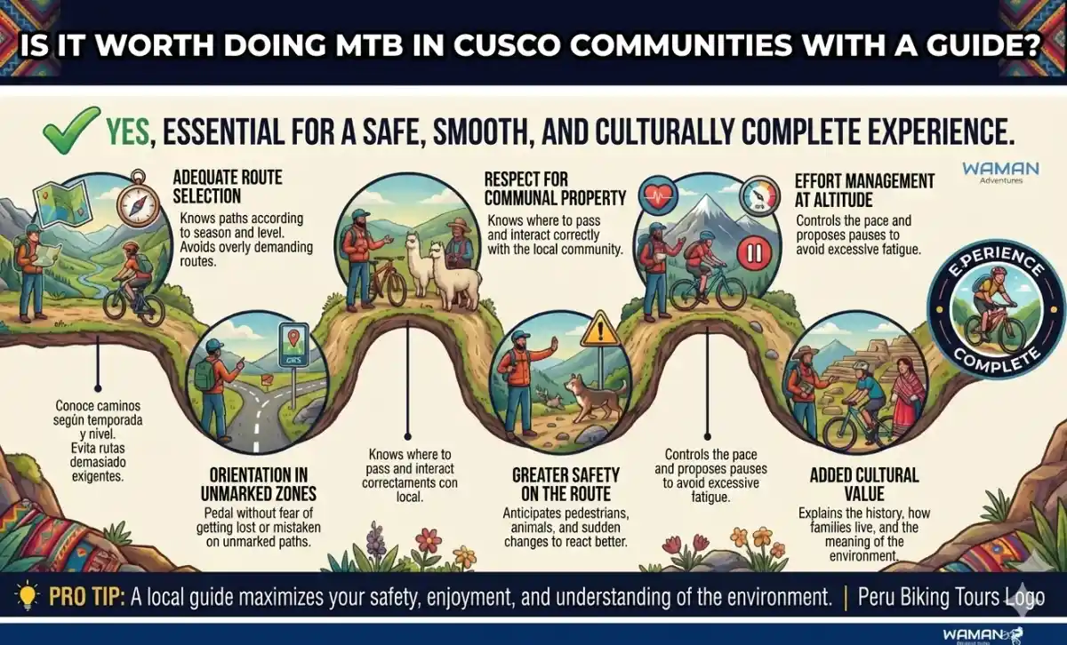 nfographic about mountain biking in Cusco communities explaining why riding with a local guide improves safety, route choices, and cultural respect in the Andes.
