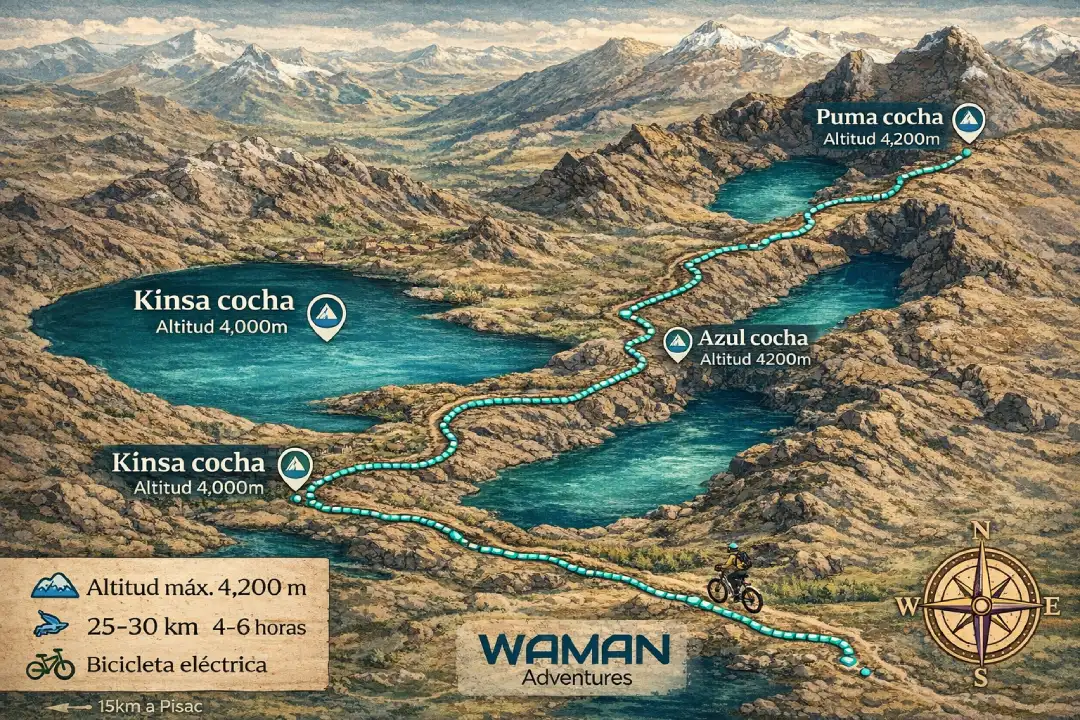 Mapa ilustrado de la ruta a las 3 Lagunas de Pisac (Kinsacocha, Azulcocha y Pumaqocha) con el trazado del camino, altitud máxima 4,200 m (13,780 ft) y recorrido de 25–30 km (15.5–18.6 mi).