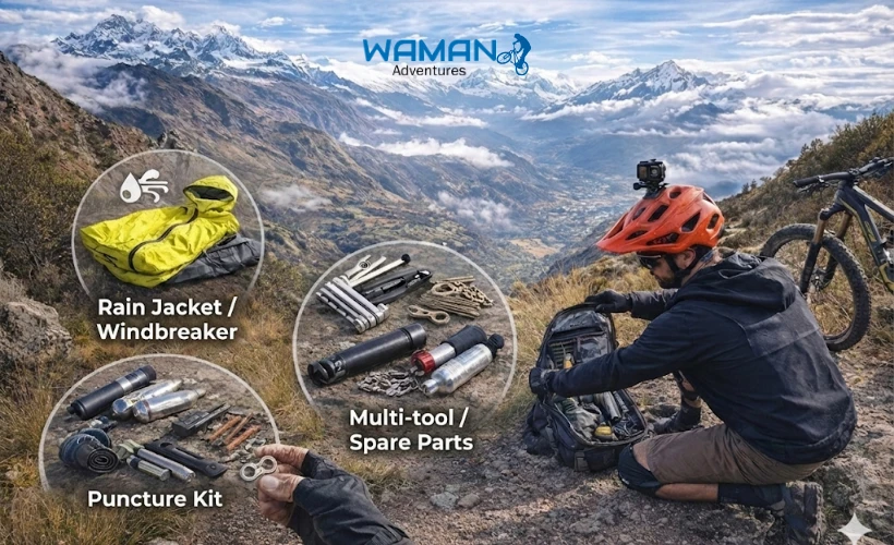 Mountain biker kneeling on a rocky trail in the Andes, organizing essential gear in their backpack against a dramatic backdrop of mountains and clouds.