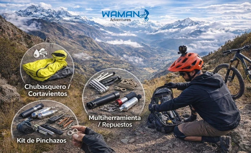 Ciclista de montaña arrodillado en un sendero rocoso de los Andes, organizando el equipo esencial en su mochila con un fondo dramático de montañas y nubes.