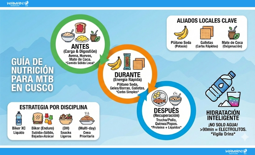 Infografía "Guía de Nutrición para MTB en Cusco" con estrategias de alimentación e hidratación.