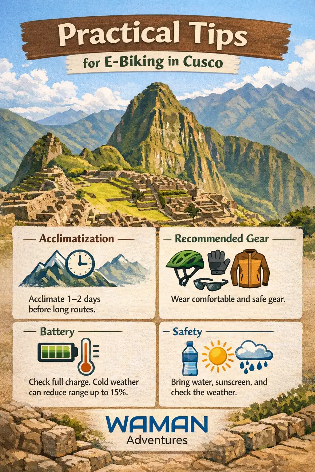 Infographic with practical tips for e-biking in Cusco, including acclimatization, recommended gear, battery care, and safety, with Machu Picchu-style mountain artwork and Waman Adventures logo. E-Bike routes in Cusco