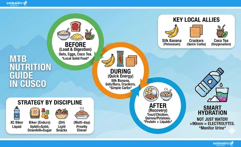 Practical visual summary of what to eat before, during, and after riding. Use this fueling for MTB in Cusco guide to make the most of local staples like coca tea and quinoa during recovery.