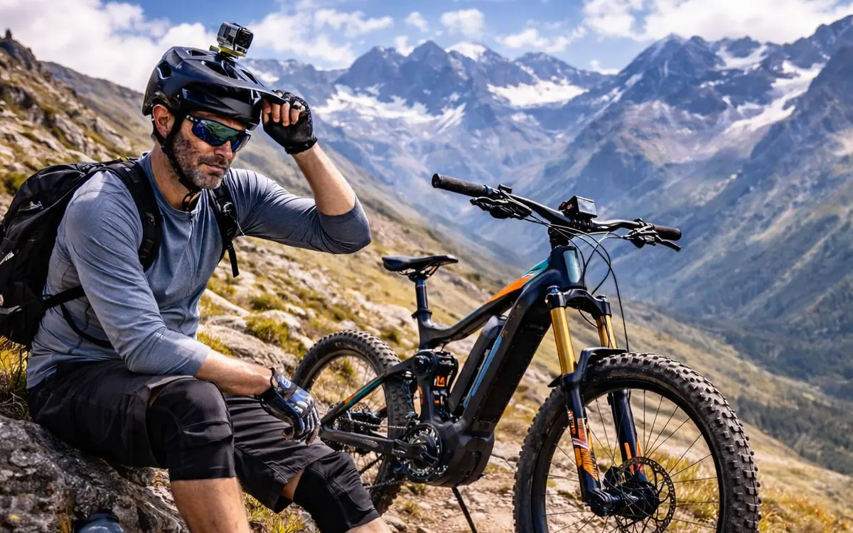 Rider sitting next to his electric mountain bike on Andean terrain, showing effort after a demanding climb.