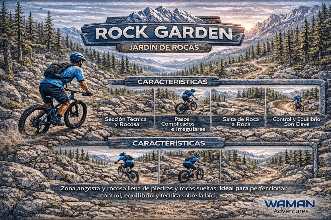 Infografía en español titulada “Rock Garden / Jardín de rocas” que explica una sección técnica y rocosa con pasos irregulares, saltos de roca a roca y la importancia del control y el equilibrio, con logo de Waman Adventures.