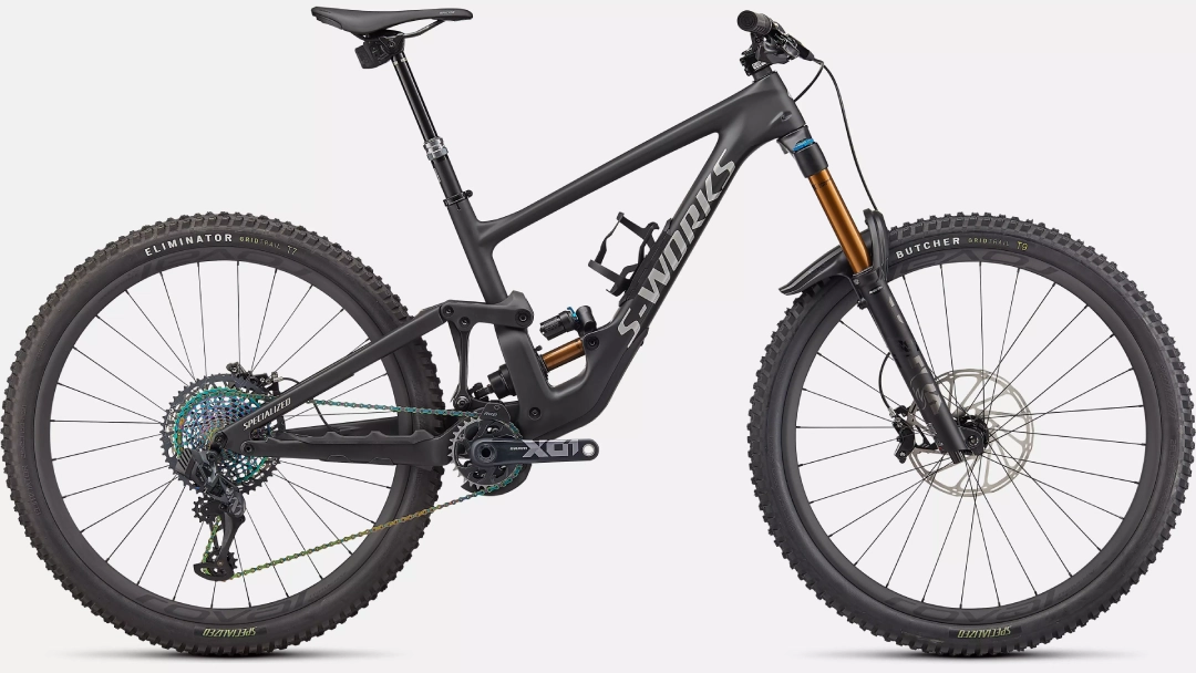 Product photograph of Specialized Epic 8 Pro bicycle in side profile on white background, metallic bluish-gray carbon frame, compact dual suspension, white front suspension fork, Fast Trak tires with XC tread pattern, hydraulic disc brakes, SRAM 12-speed cassette, dropper seatpost, lightweight design for cross-country
