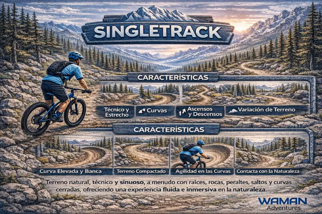 Infografía en español titulada “Singletrack” que explica el sendero angosto de MTB con características como técnica, curvas, ascensos y descensos, variación de terreno y conexión con la naturaleza, con logo de Waman Adventures. los Términos de ciclismo de montaña