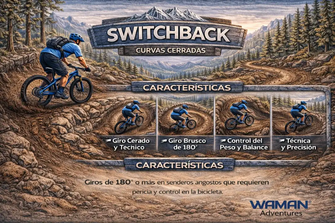 Infografía en español titulada “Switchback / Curvas cerradas” que explica giros cerrados en MTB, con giro brusco de 180°, control del peso y balance, y técnica y precisión, con logo de Waman Adventures.