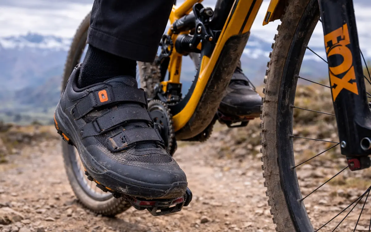 The image shows a close up of a cyclist wearing MTB specific shoes with a cleat system perfectly clipped into the pedal.